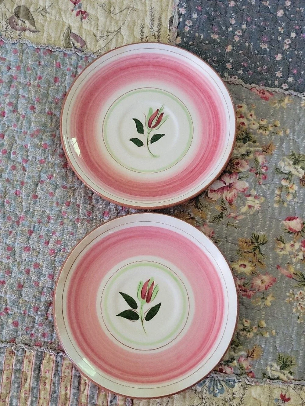Vintage Stangl Pottery Wild Rose Saucer Plates Set of 2 Mid Century Pink Green
